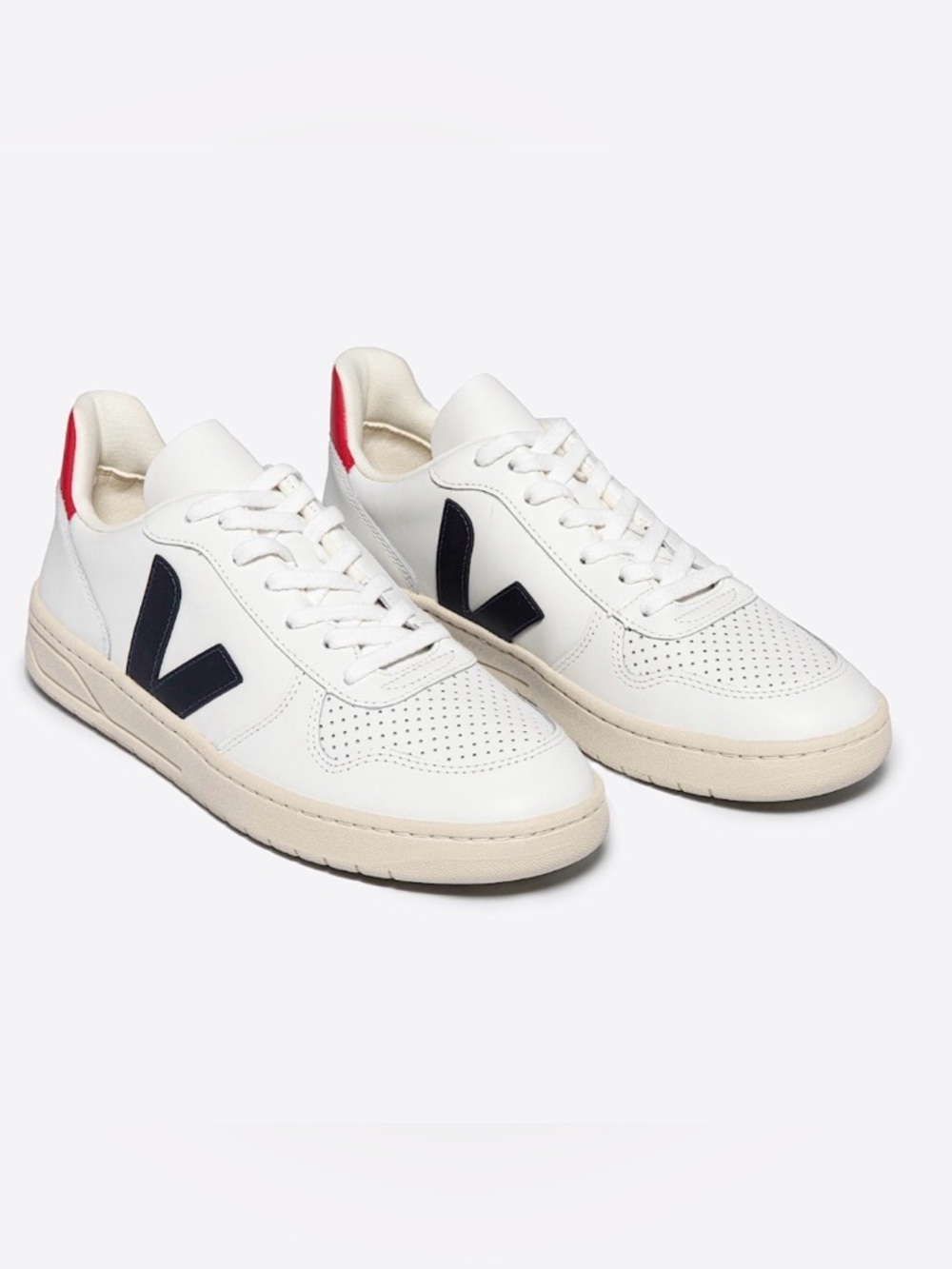 Veja V-10 Sneakers in White with Black V and Red Heel Tab
